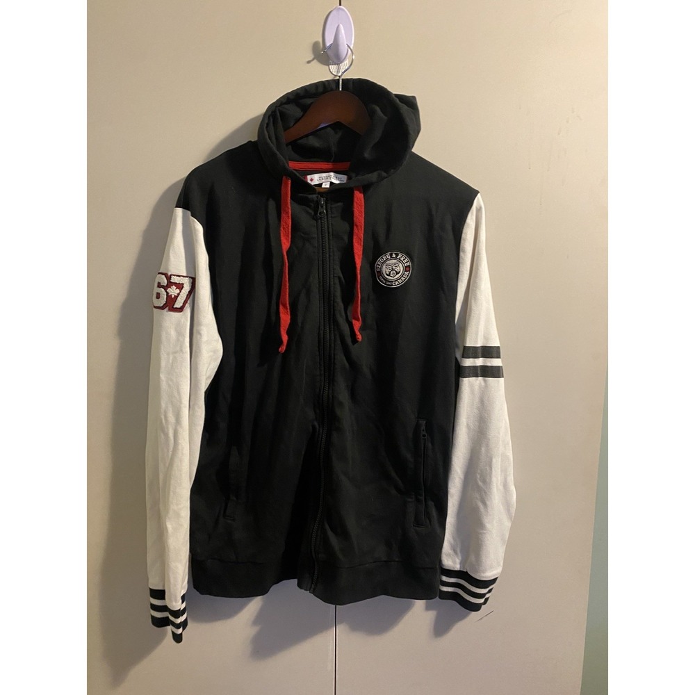 Hudsons Bay Canada Hoodie Mens L Black White Zip Up Strong & Free Beaver Jacket